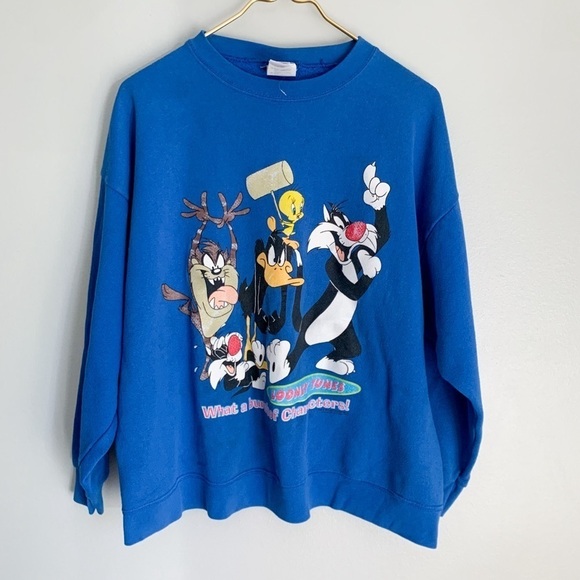 Vtg 90s 1997 Looney Tunes boxy crewneck sweatshirt blue L/XL - Picture 1 of 9